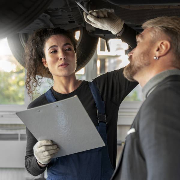 Technician using diagnostic tools for a car inspection